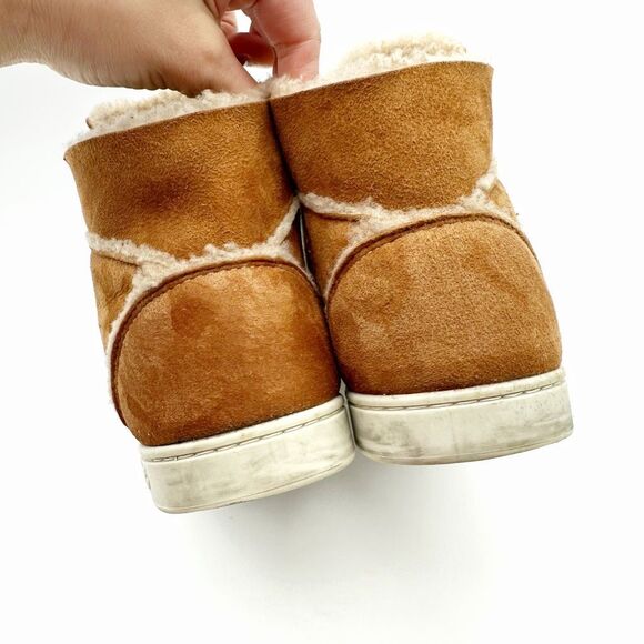 GUCCI Brown Suede Shearling Ace Sneakers Size 39 US 8.5 High Top Web Stripe Fur - Picture 5 of 11